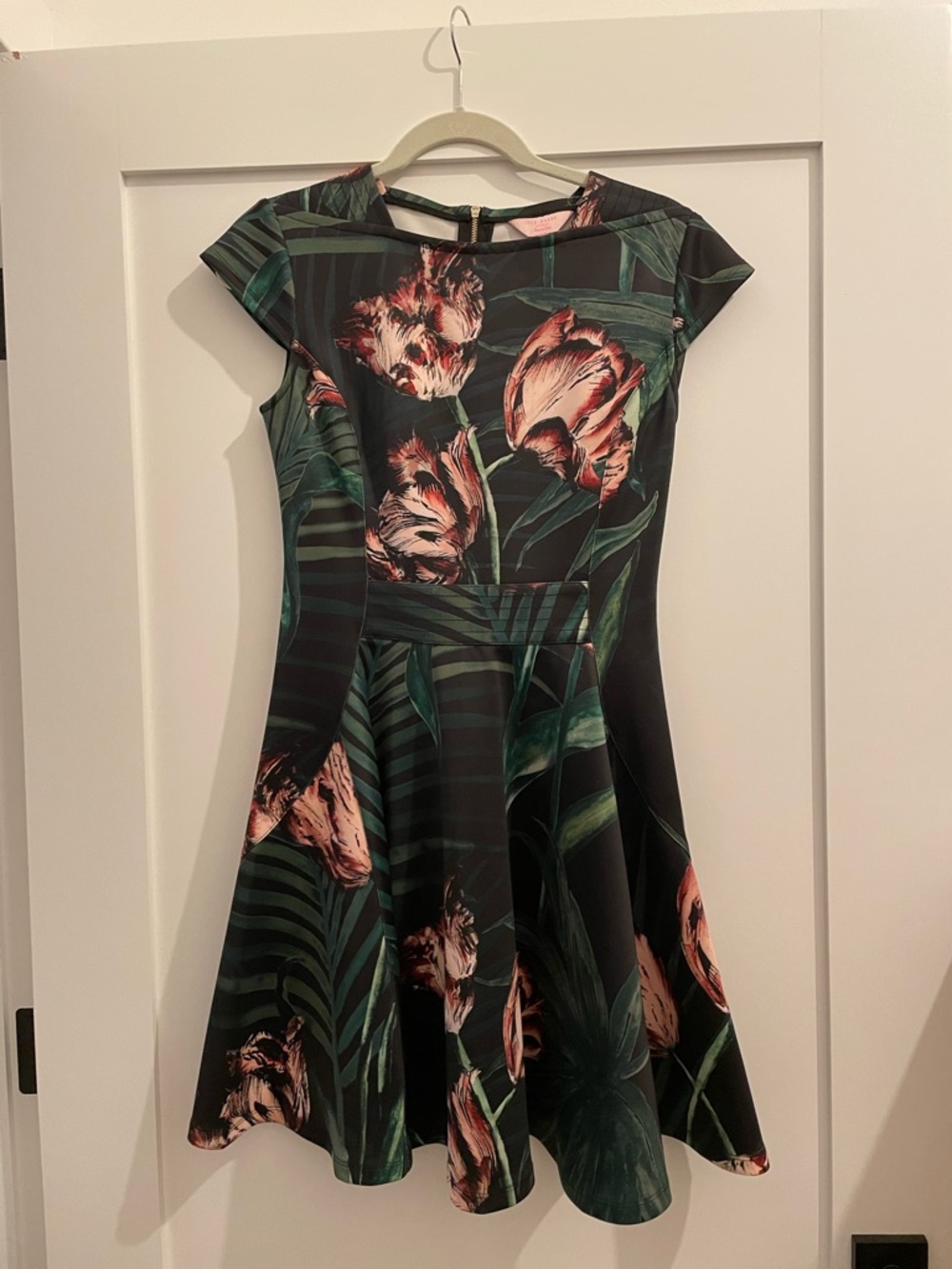 Ted Baker Black Mini Dress with Pink Floral and Green Leaf Print